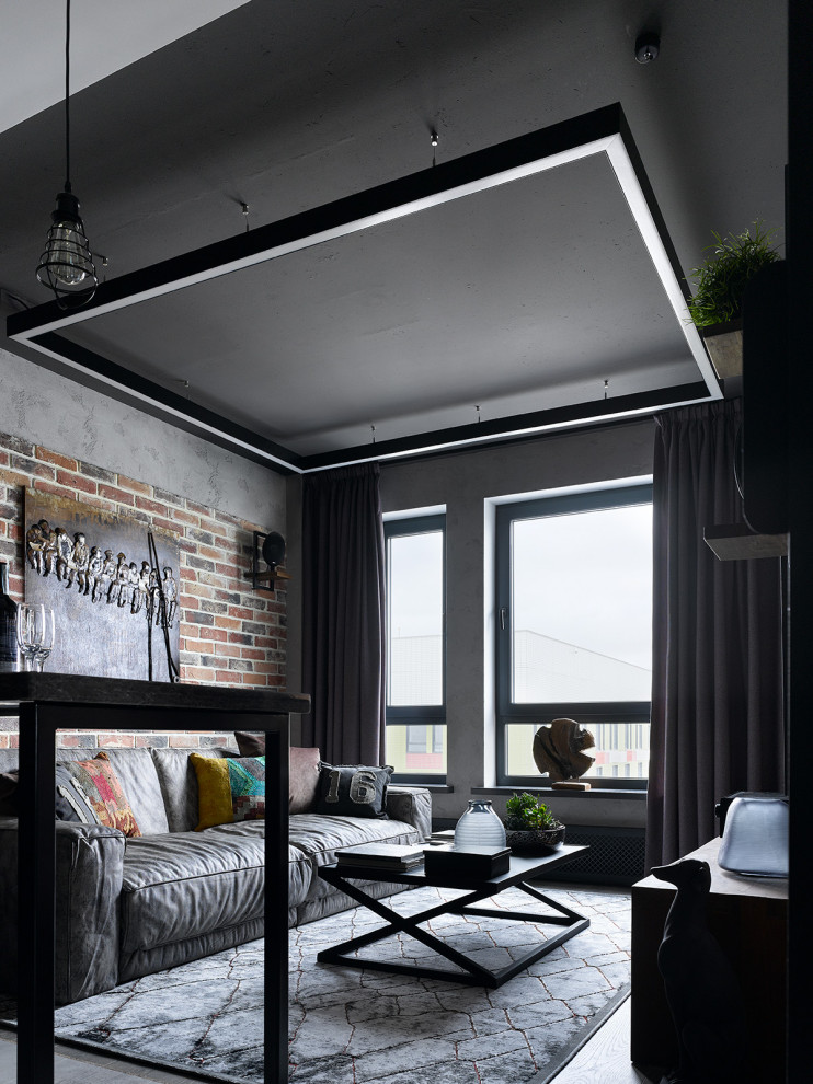 Design ideas for a medium sized industrial open plan living room in Moscow with grey walls.