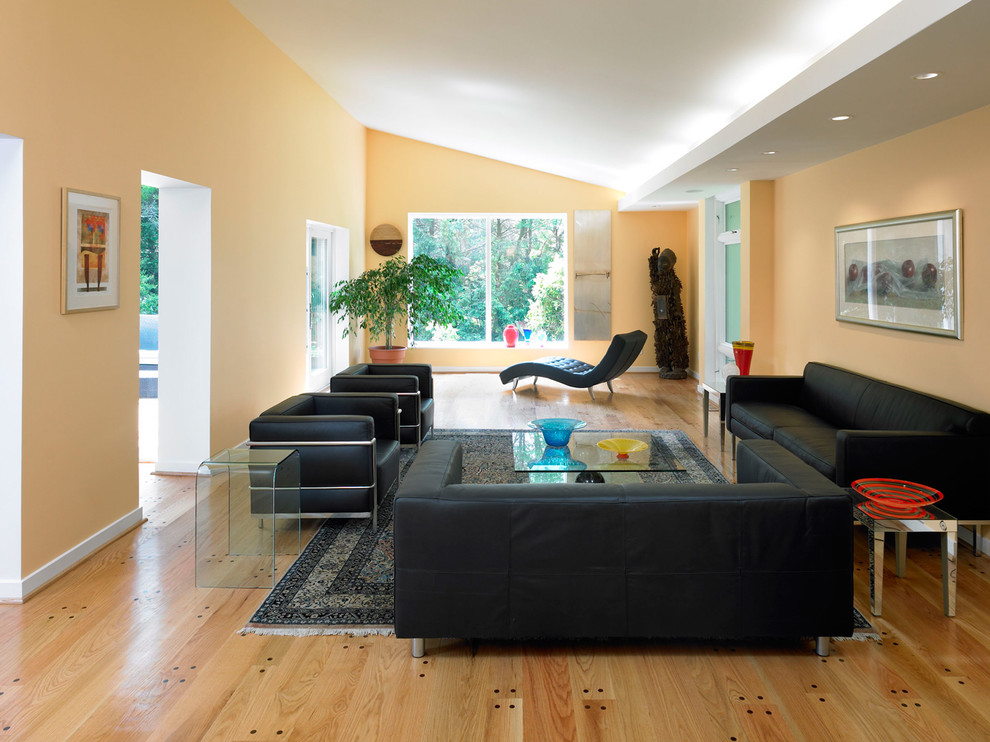 Diseño de salón contemporáneo sin televisor con parades naranjas, suelo de madera clara y suelo marrón