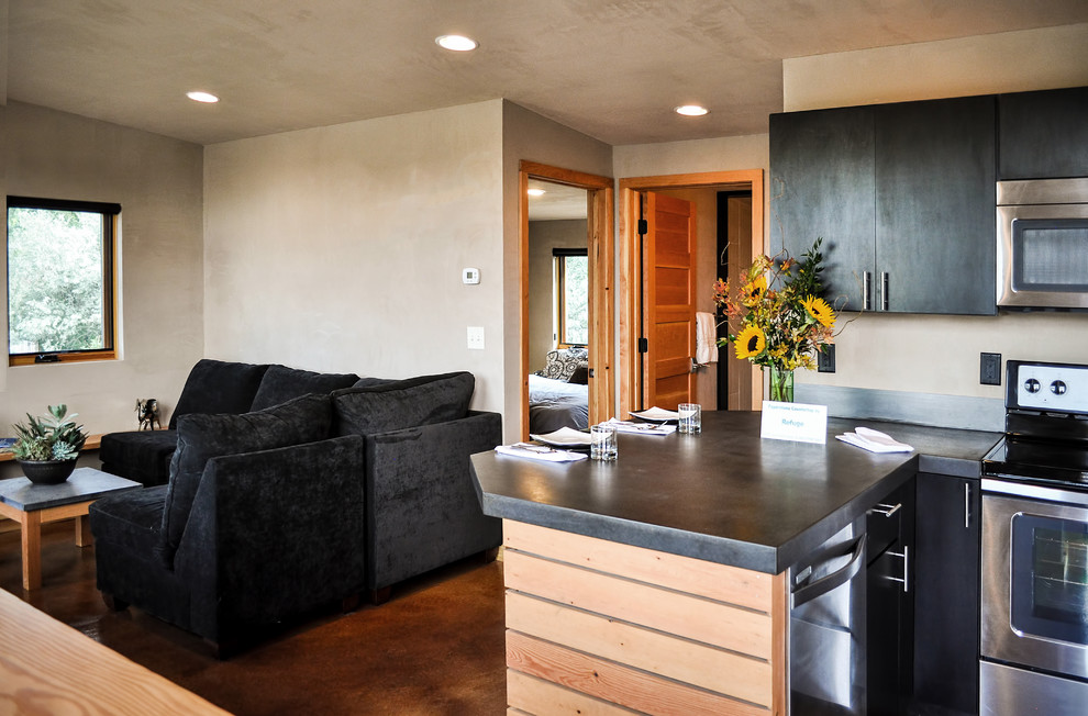 Ispirazione per un piccolo soggiorno minimalista aperto con pareti beige e pavimento in cemento