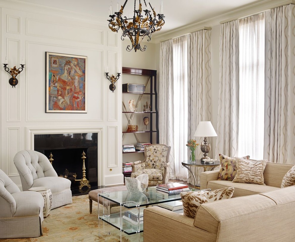 Design ideas for a traditional formal living room curtain in Atlanta with white walls and a standard fireplace.