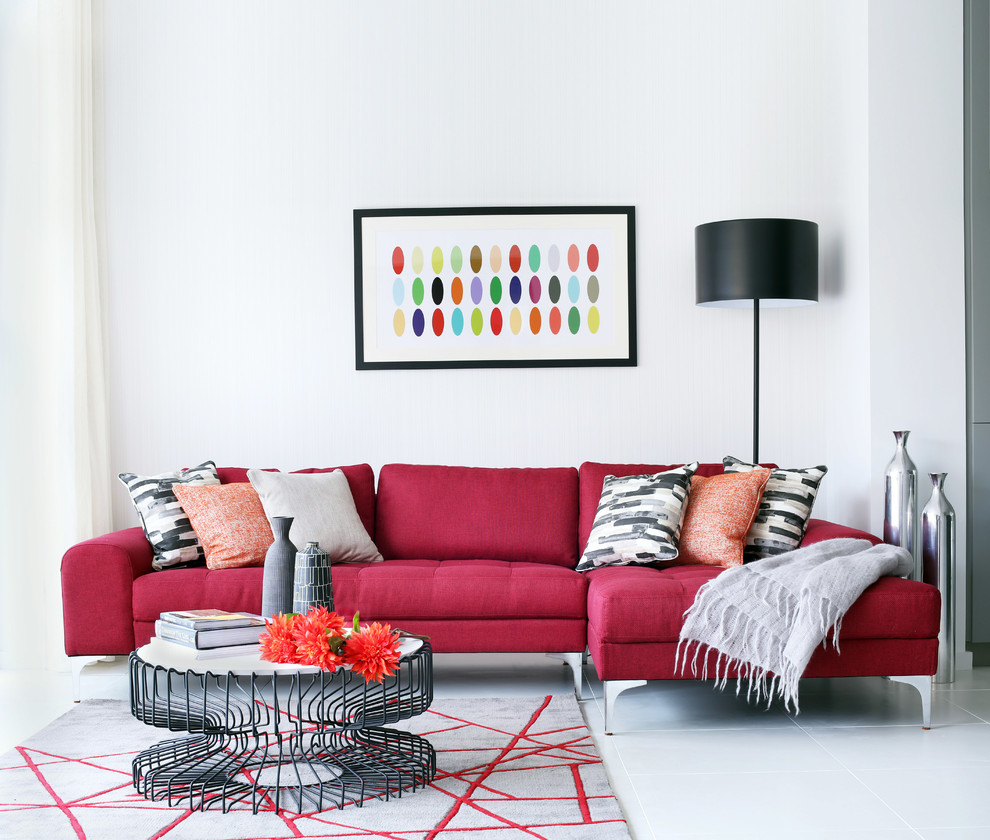 Inspiration for a mid-sized contemporary gray floor living room remodel in London with white walls
