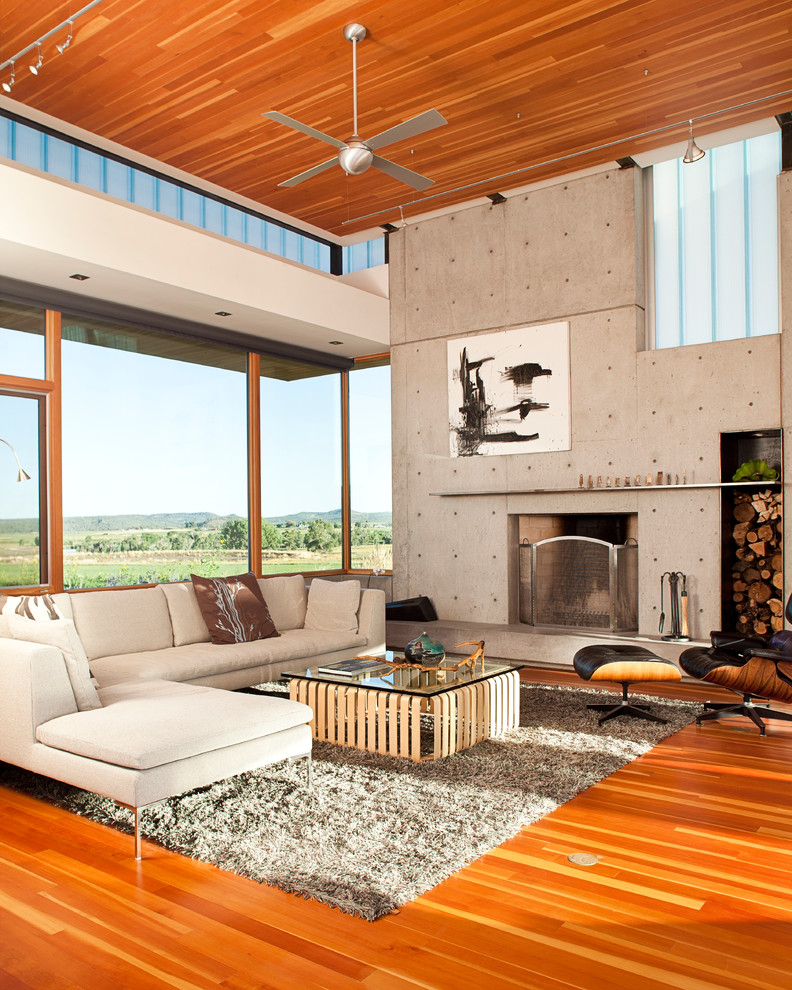 Cette image montre un grand salon minimaliste ouvert avec un sol en bois brun, une cheminée standard et un manteau de cheminée en béton.