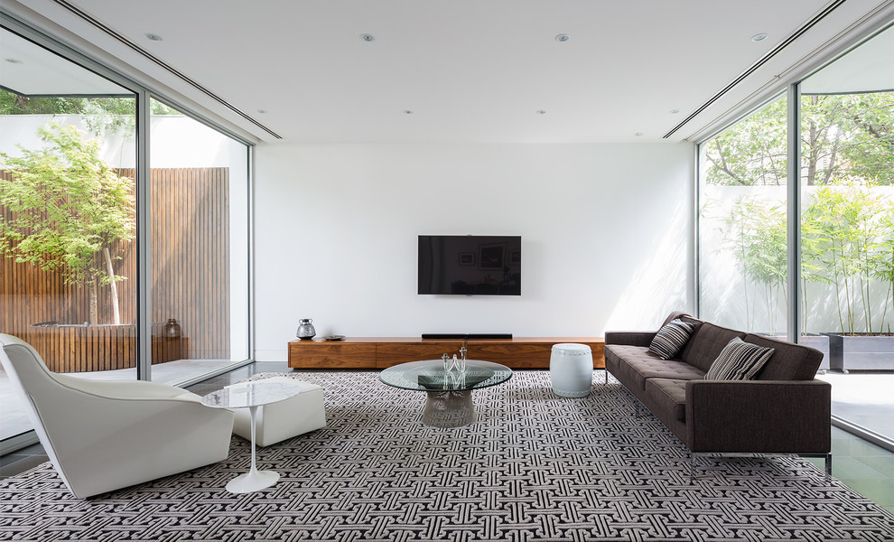 Immagine di un grande soggiorno minimalista con pareti bianche, moquette e TV a parete
