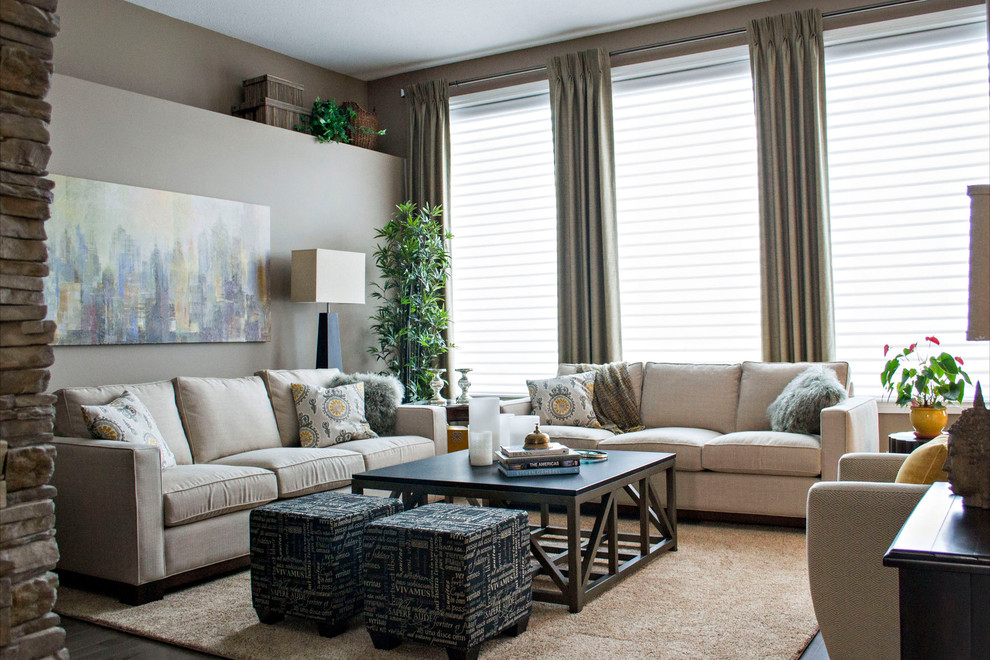 Trendy open concept dark wood floor living room photo in Edmonton with gray walls