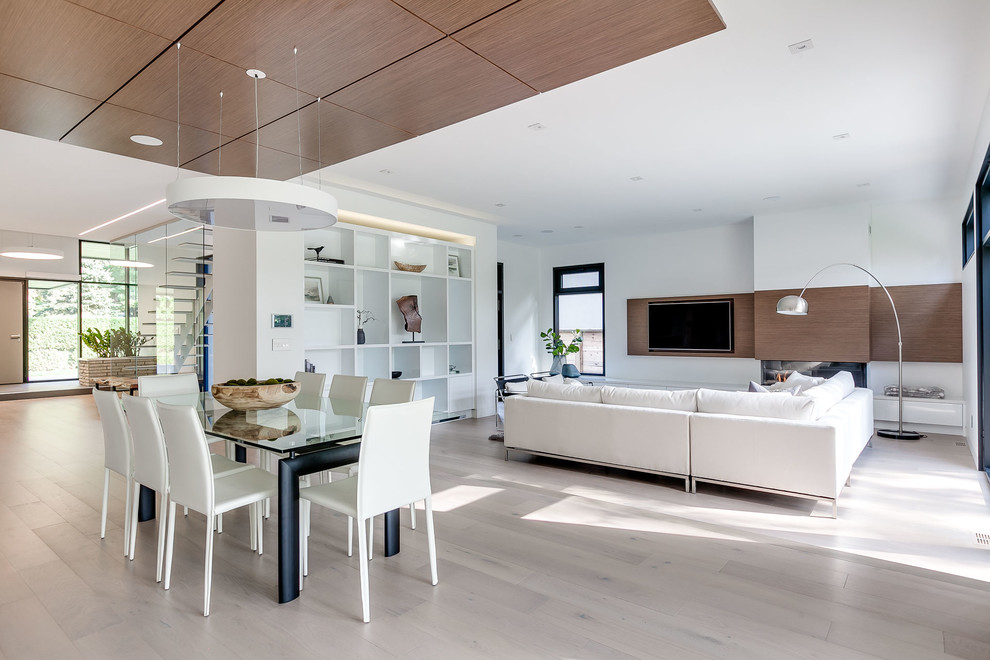 Großes, Offenes Modernes Wohnzimmer mit weißer Wandfarbe, hellem Holzboden, Gaskamin und Multimediawand in Sonstige