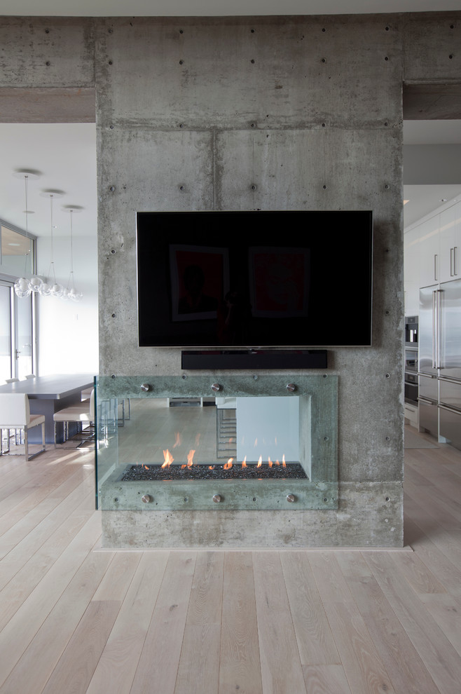 Trendy living room photo in Vancouver with a two-sided fireplace