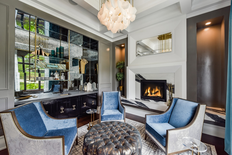 Example of a large minimalist carpeted, brown floor and coffered ceiling living room design in Chicago with gray walls, a standard fireplace and a tile fireplace