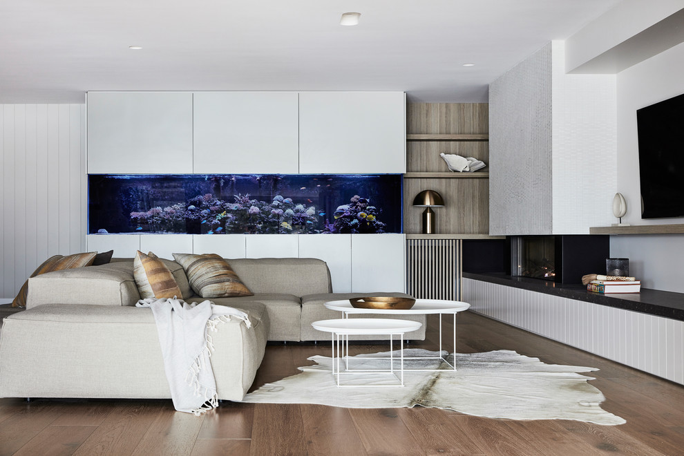 シドニーにあるラグジュアリーな広いコンテンポラリースタイルのおしゃれなLDK (白い壁、無垢フローリング、壁掛け型テレビ、茶色い床、標準型暖炉、タイルの暖炉まわり) の写真