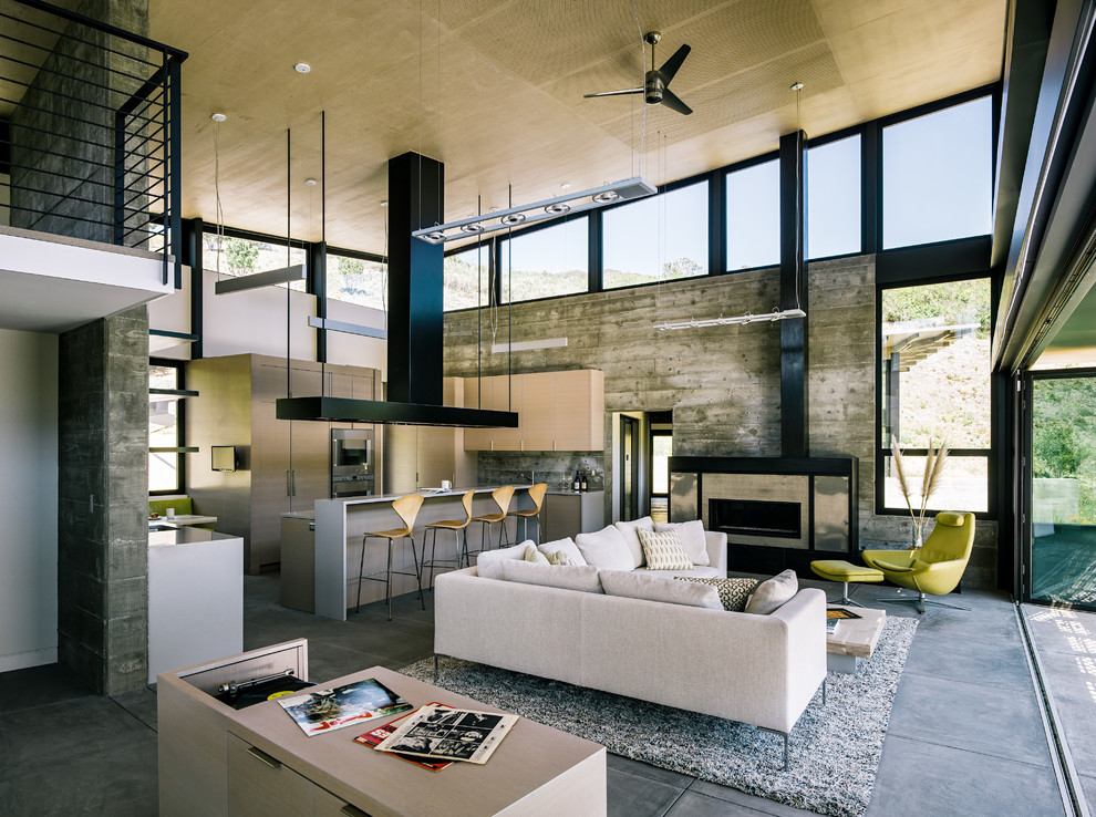 Inspiration for a medium sized contemporary formal open plan living room in San Francisco with concrete flooring, a ribbon fireplace and no tv.