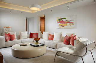 Contemporary White Living Room with Tray Ceiling - Luxe Interiors + Design