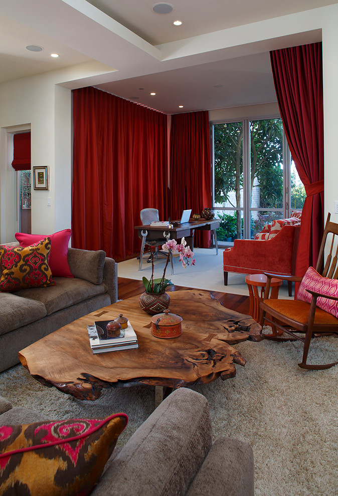 Photo of a bohemian living room in San Francisco with white walls.