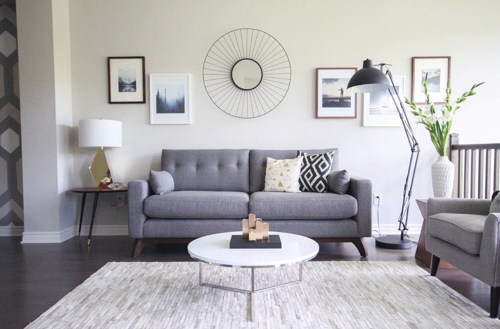 Inspiration for a 1960s dark wood floor living room remodel in Ottawa with gray walls