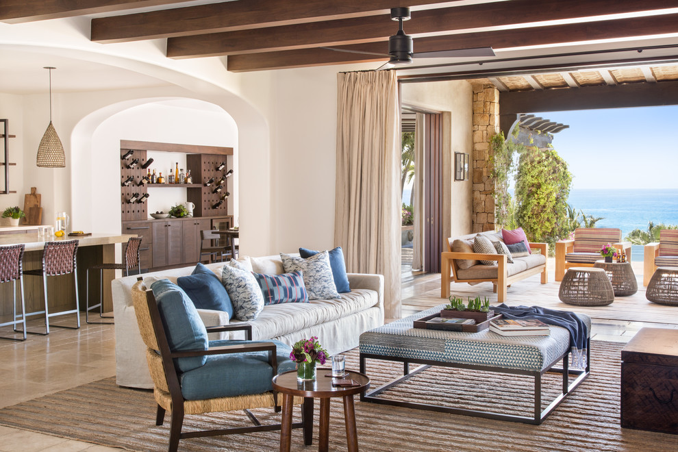 Living room - mediterranean open concept living room idea in San Francisco with white walls