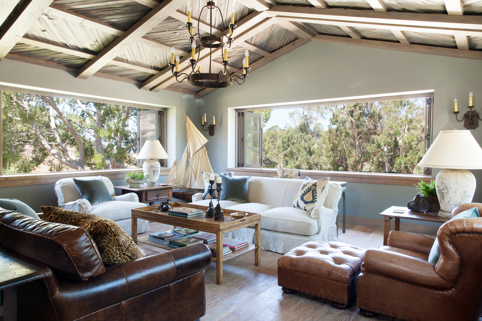 Inspiration for a country formal living room in San Diego with blue walls, dark hardwood flooring and brown floors.