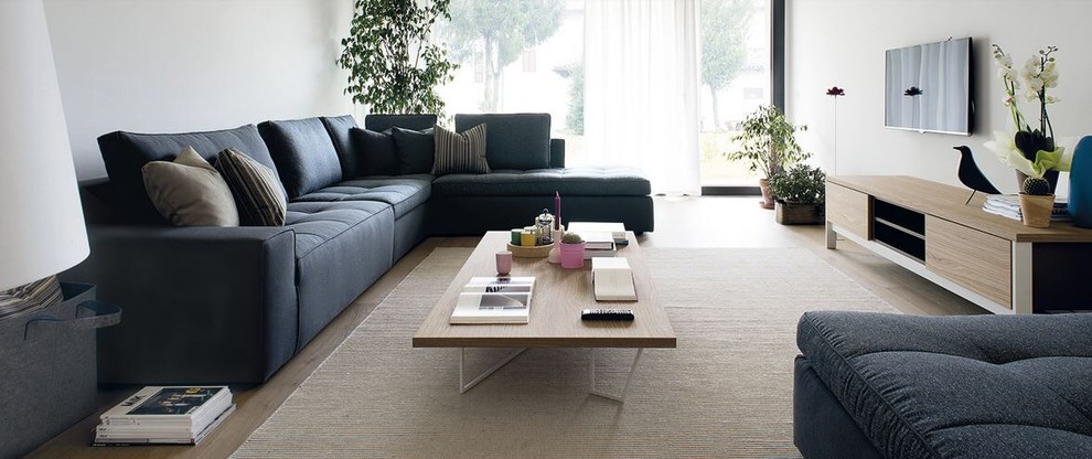 Mittelgroßes Modernes Wohnzimmer ohne Kamin mit weißer Wandfarbe, hellem Holzboden und freistehendem TV in San Diego