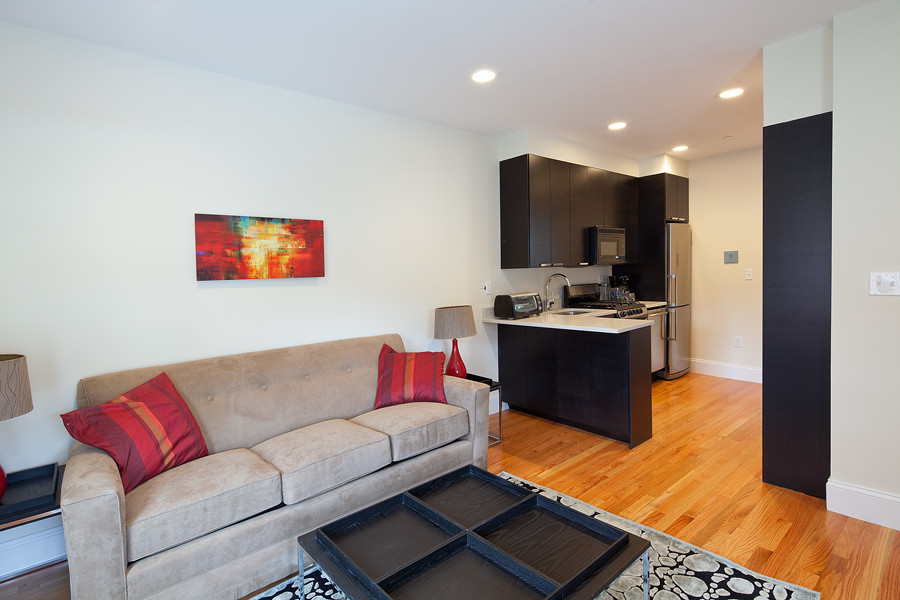 Offenes, Mittelgroßes Modernes Wohnzimmer mit weißer Wandfarbe und hellem Holzboden in Boston