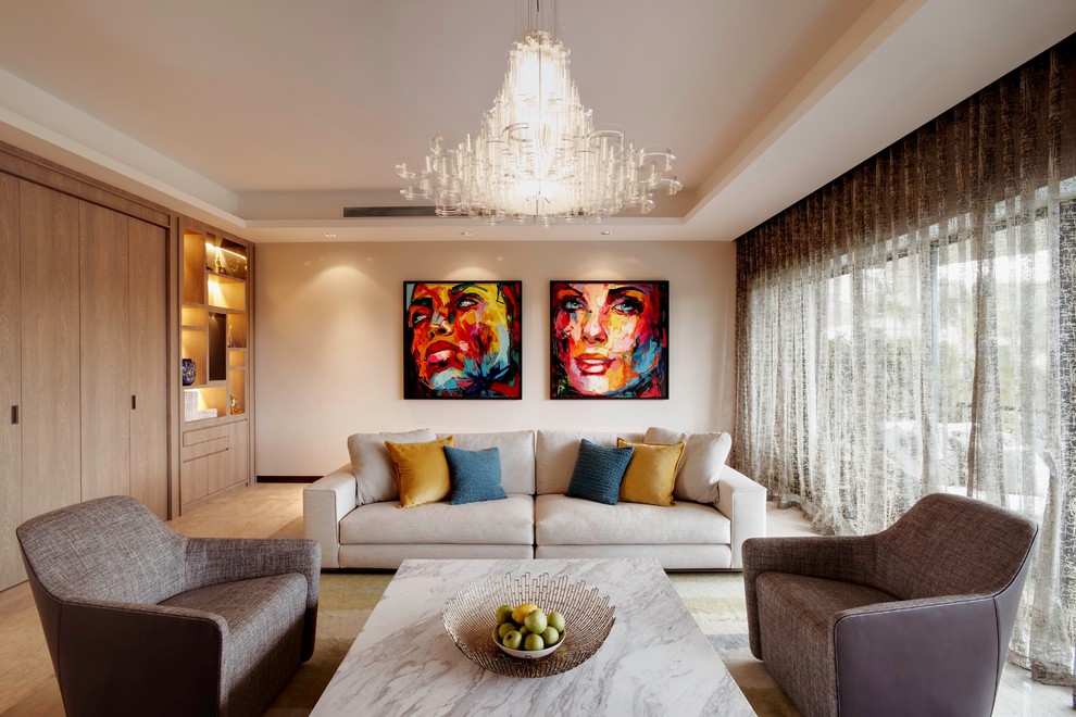Идея дизайна: парадная гостиная комната в современном стиле с красивыми шторами без телевизора