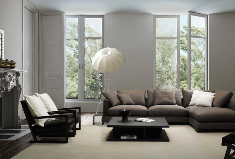 Diseño de salón contemporáneo de tamaño medio sin televisor con paredes blancas, suelo de madera en tonos medios y todas las chimeneas