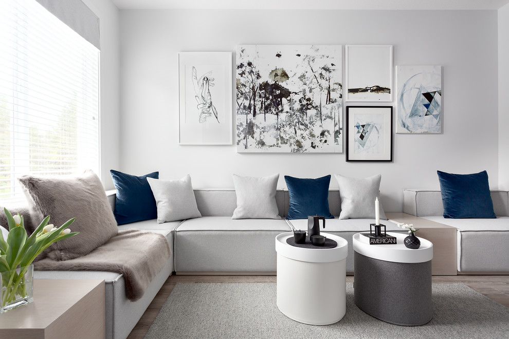 Источник вдохновения для домашнего уюта: гостиная комната в скандинавском стиле с белыми стенами и паркетным полом среднего тона