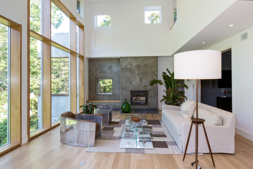 Imagen de salón actual con paredes blancas y suelo de madera clara
