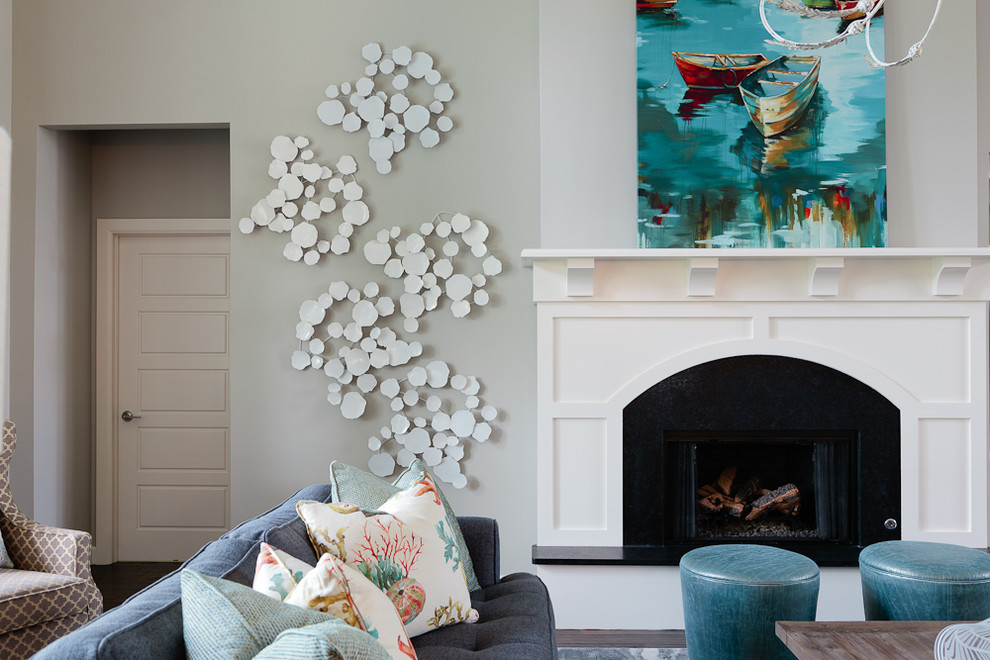 Inspiration for a medium sized coastal open plan living room in Other with grey walls, dark hardwood flooring, a standard fireplace and a wall mounted tv.