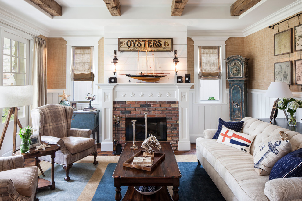 Inspiration for a coastal enclosed living room remodel in Los Angeles with a standard fireplace and a brick fireplace