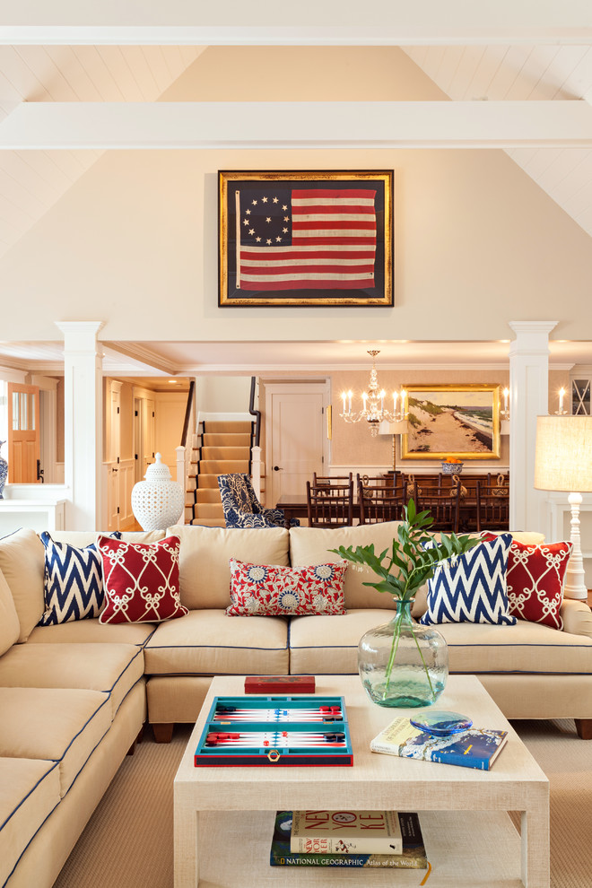 Living room - large coastal open concept living room idea in Boston with beige walls
