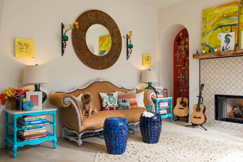 Inspiration for a bohemian living room in San Diego with a music area, white walls, a ribbon fireplace and a tiled fireplace surround.