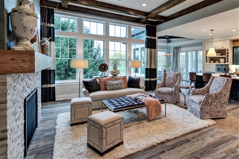 Example of a mid-sized transitional formal and open concept dark wood floor living room design in Indianapolis with a standard fireplace and no tv