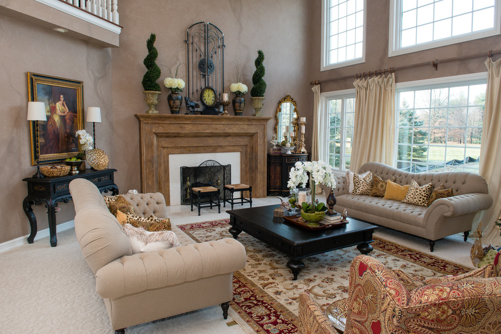 Inspiration for a large timeless formal and open concept carpeted living room remodel in Indianapolis with brown walls, a wood fireplace surround and no tv