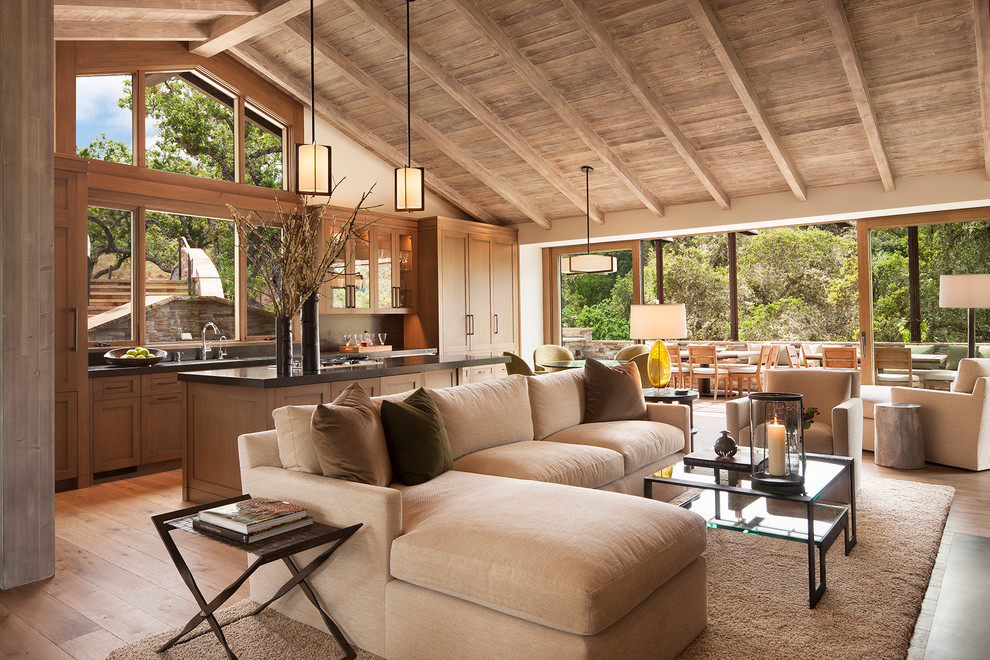 Large rustic open plan living room in San Francisco with medium hardwood flooring.
