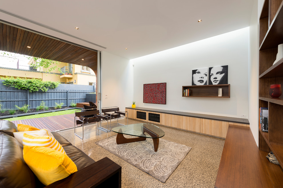 Idee per un soggiorno minimal di medie dimensioni con sala formale e pareti bianche