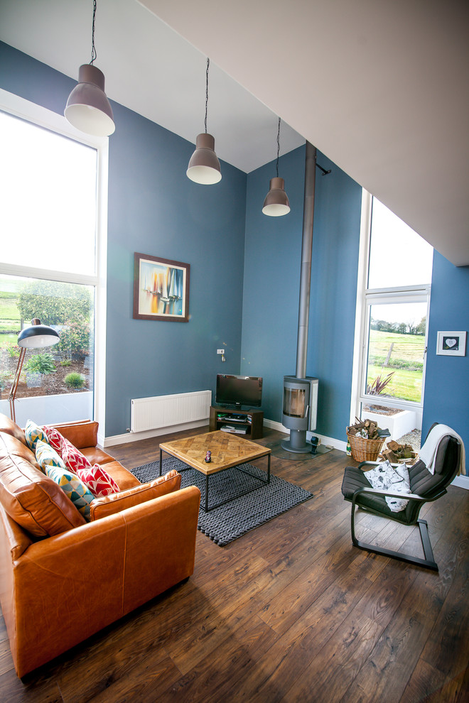 Idee per un soggiorno design di medie dimensioni e aperto con pareti blu, parquet scuro, stufa a legna e TV autoportante