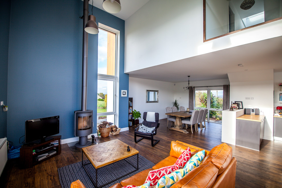 Esempio di un soggiorno contemporaneo di medie dimensioni e aperto con pareti multicolore, parquet scuro, stufa a legna e TV autoportante