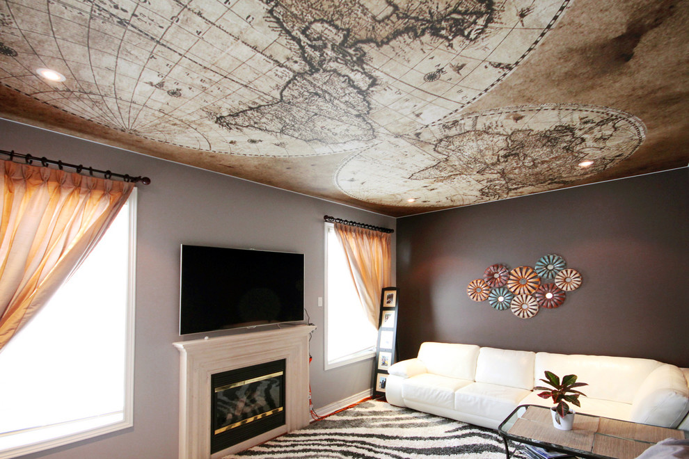 トロントにある低価格の小さなエクレクティックスタイルのおしゃれなリビング (茶色い壁、カーペット敷き、標準型暖炉、壁掛け型テレビ) の写真
