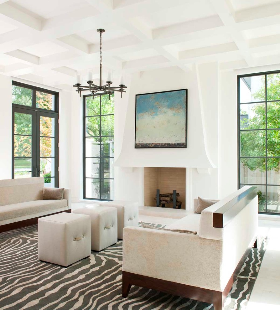 Contemporary living room in Dallas with white walls.
