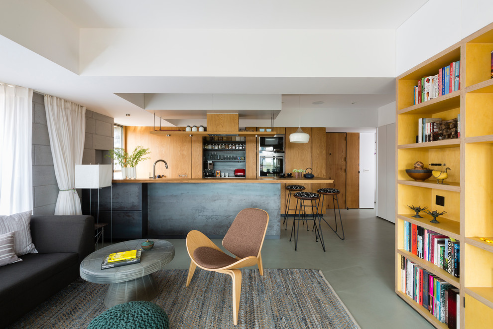 Esempio di un piccolo soggiorno design aperto con pareti gialle, pavimento in cemento e parete attrezzata