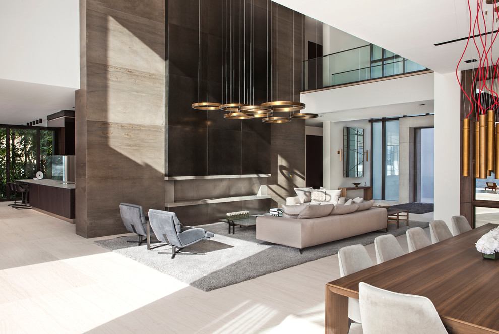 Стильный дизайн: большая открытая гостиная комната в современном стиле с белыми стенами, полом из керамической плитки, горизонтальным камином и фасадом камина из бетона без телевизора - последний тренд