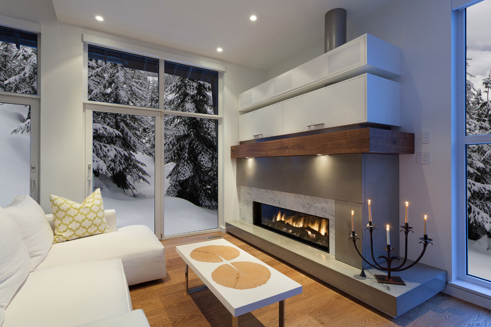 Kleines Modernes Wohnzimmer mit weißer Wandfarbe, braunem Holzboden, Gaskamin und Kaminumrandung aus Stein in Vancouver