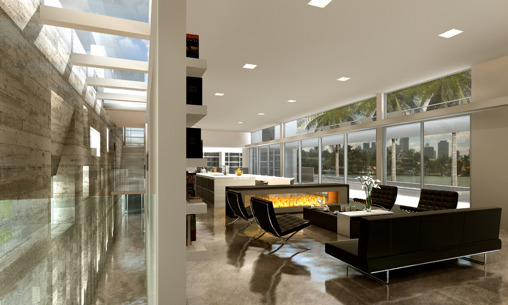 Пример оригинального дизайна: большая открытая гостиная комната в стиле модернизм с белыми стенами, бетонным полом, горизонтальным камином и фасадом камина из дерева