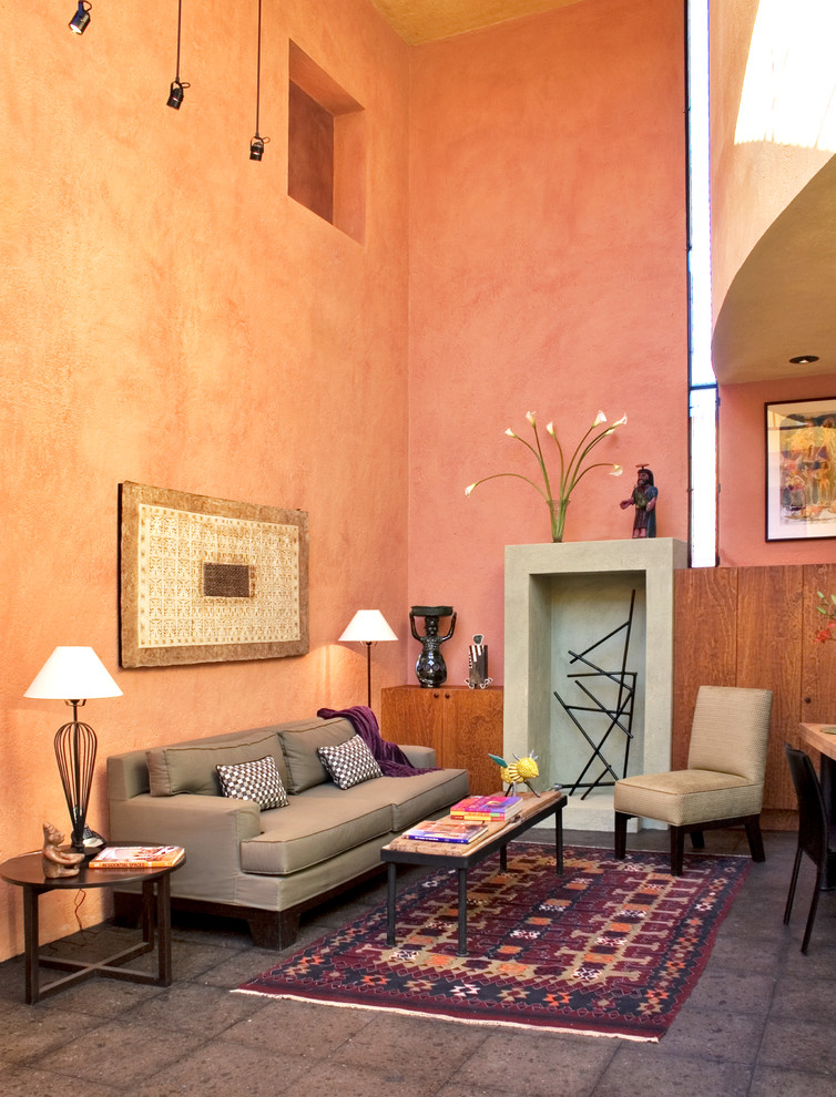 Immagine di un soggiorno moderno di medie dimensioni con pareti arancioni