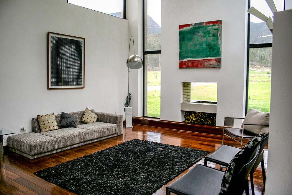 На фото: гостиная комната в стиле модернизм с двусторонним камином и коричневым диваном с