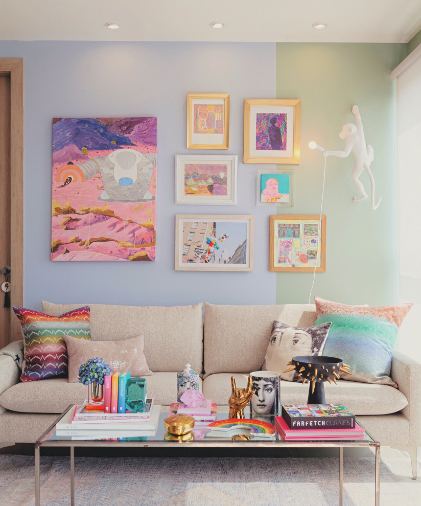Photo of a bohemian living room in Other with multi-coloured walls.