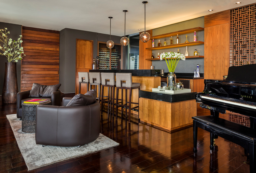 Cette image montre un salon minimaliste avec un mur gris et un bar de salon.