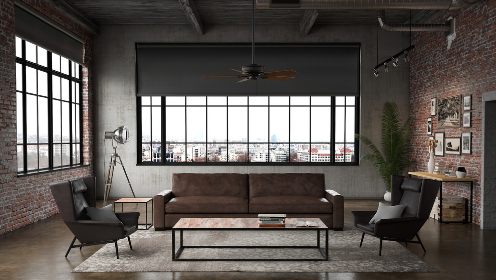 Fernseherloses, Großes Industrial Wohnzimmer im Loft-Stil, ohne Kamin mit grauer Wandfarbe, Betonboden und braunem Boden in New York