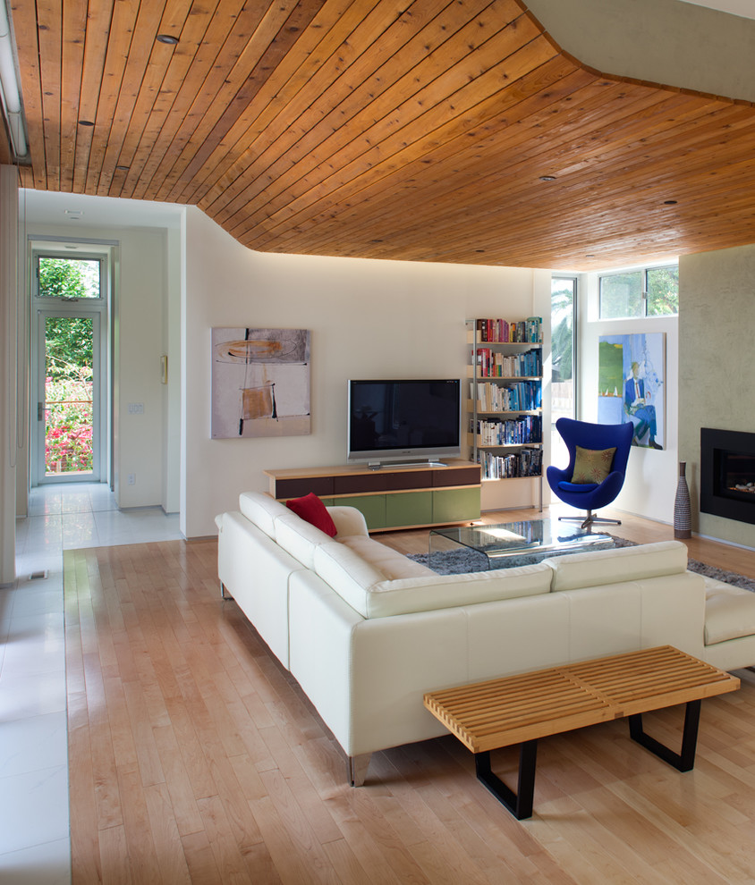 Пример оригинального дизайна: гостиная комната среднего размера в современном стиле с с книжными шкафами и полками, белыми стенами, стандартным камином и отдельно стоящим телевизором
