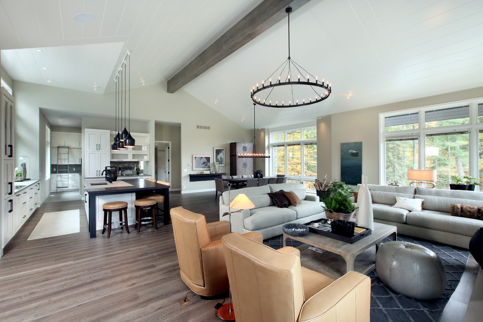 Modernes Wohnzimmer mit grauer Wandfarbe, braunem Holzboden, Kamin und Kaminumrandung aus Stein in Grand Rapids
