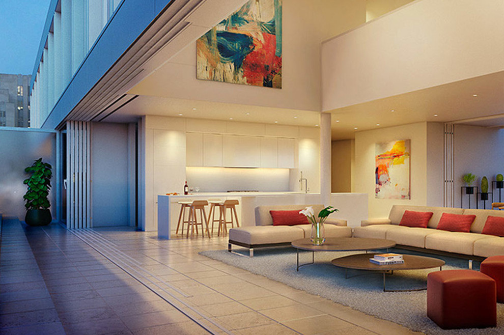 Пример оригинального дизайна: большая парадная, открытая гостиная комната в современном стиле с белыми стенами, полом из керамогранита и бежевым полом без камина, телевизора