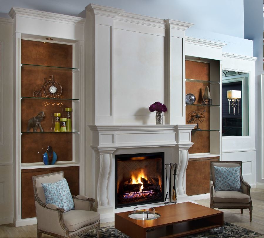 Example of a mid-sized classic light wood floor living room design in Other with a standard fireplace and a stone fireplace