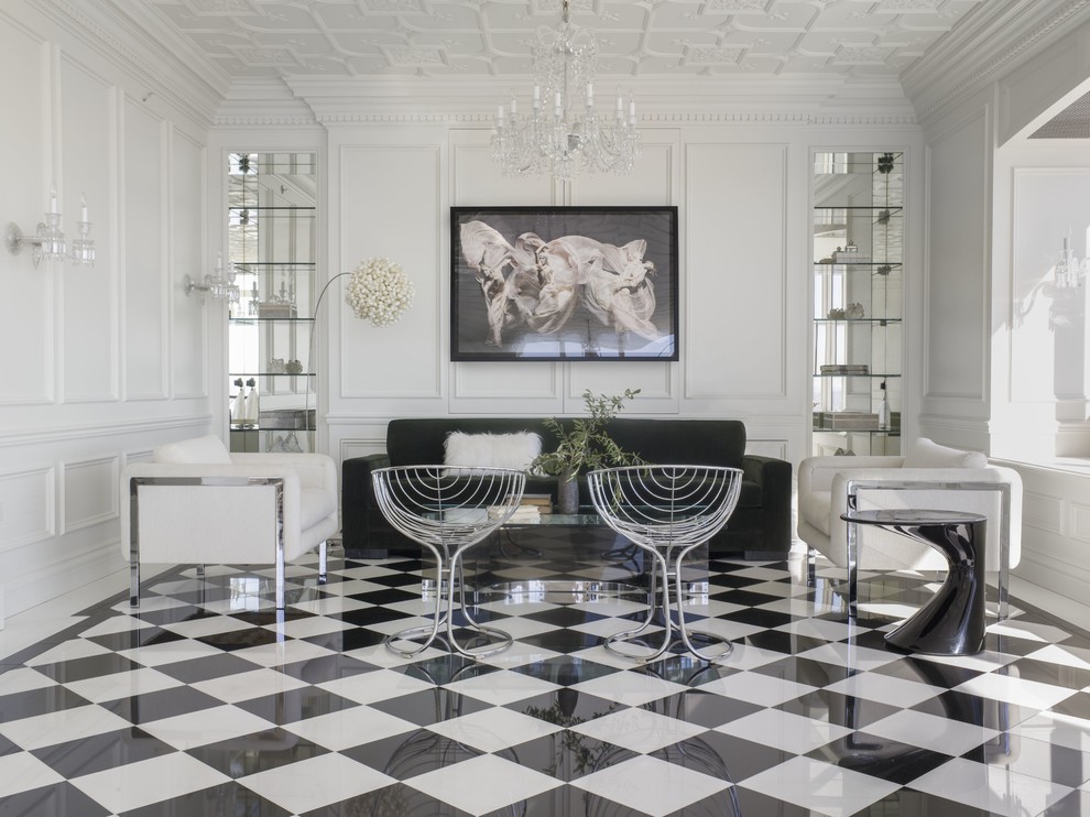 Bild på ett mellanstort eklektiskt separat vardagsrum, med ett finrum, vita väggar, klinkergolv i porslin och flerfärgat golv